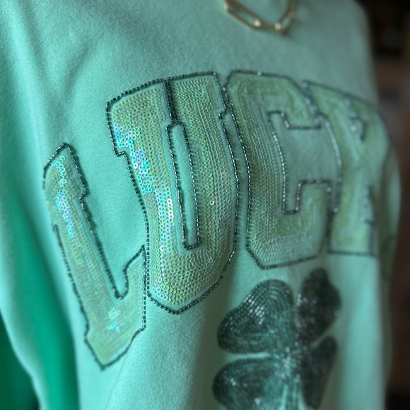 QUEEN OF SPARKLES Mint Green Lucky Clover sweatshirt - Picture 2 of 6